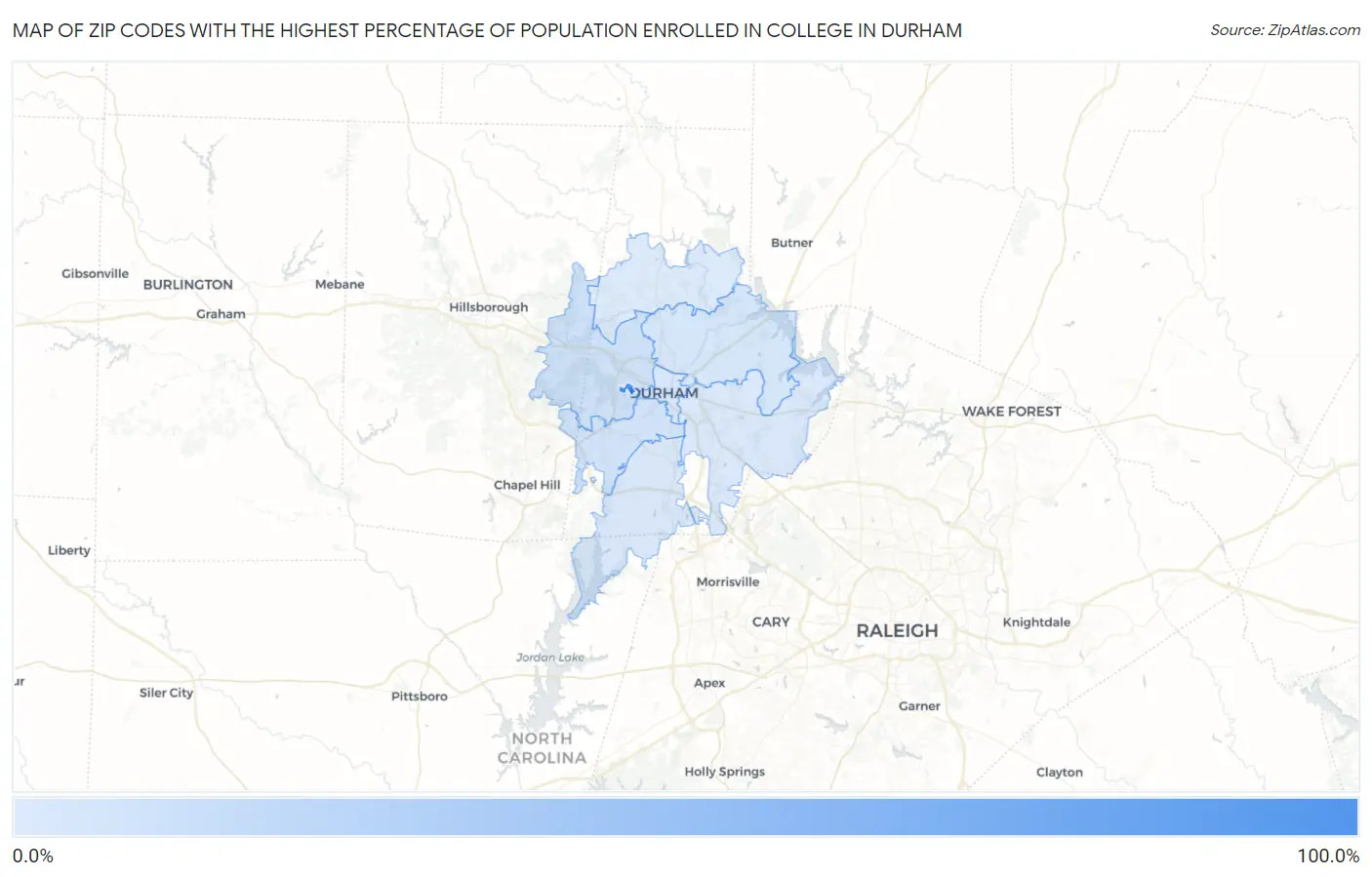 Zip Codes with the Highest Percentage of Population Enrolled in College in Durham Map