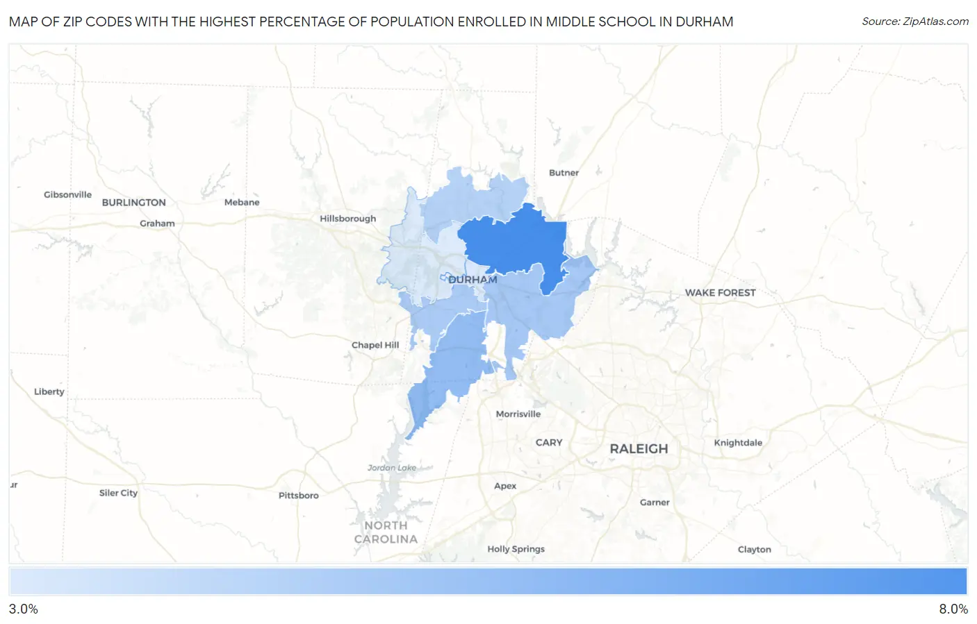 Zip Codes with the Highest Percentage of Population Enrolled in Middle School in Durham Map
