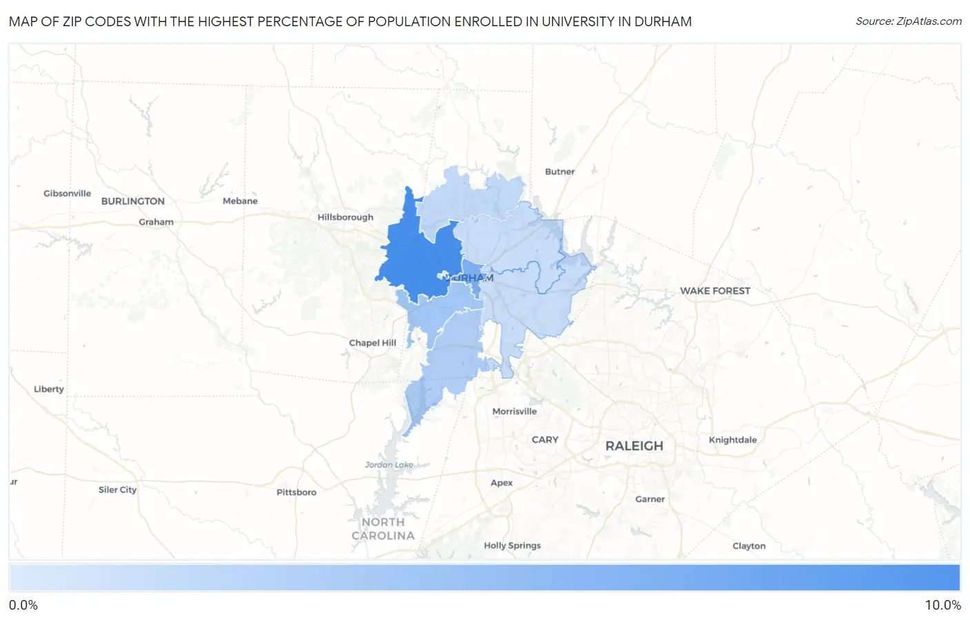 Zip Codes with the Highest Percentage of Population Enrolled in University in Durham Map