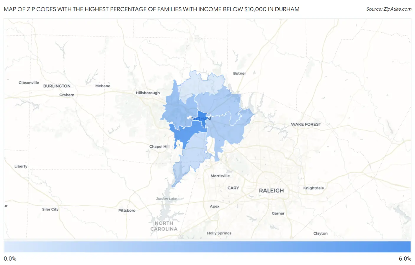 Zip Codes with the Highest Percentage of Families with Income Below $10,000 in Durham Map