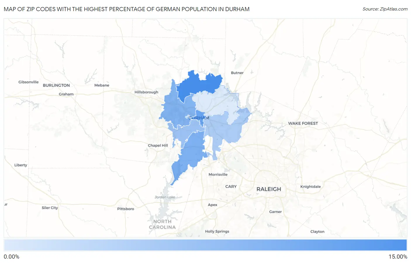 Zip Codes with the Highest Percentage of German Population in Durham Map