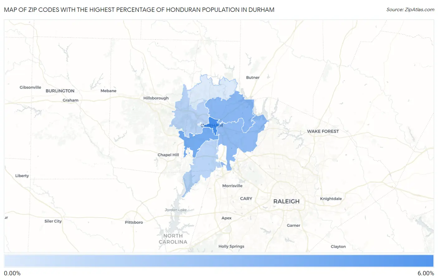 Zip Codes with the Highest Percentage of Honduran Population in Durham Map