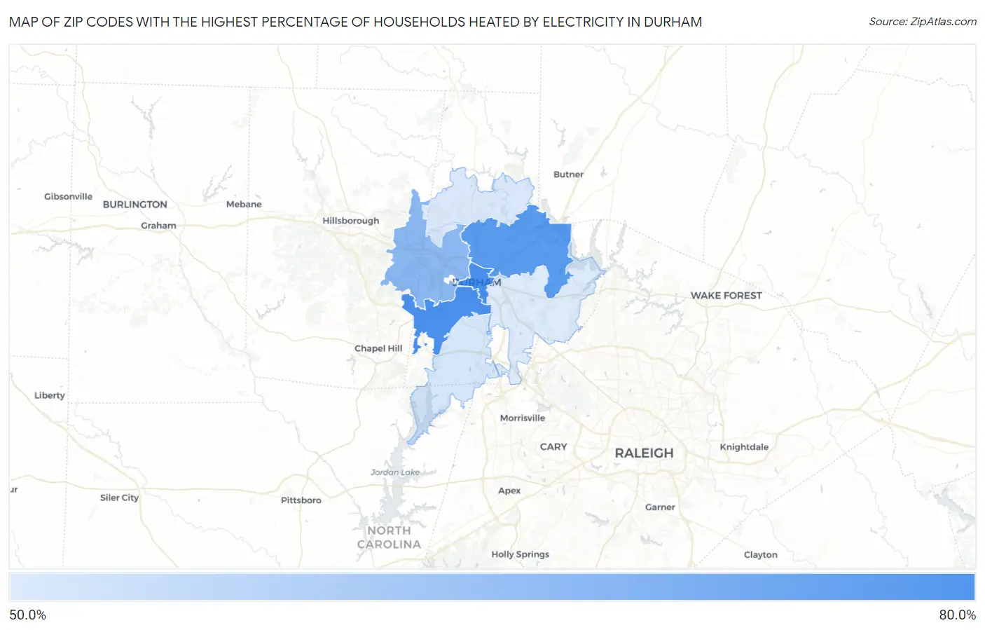 Zip Codes with the Highest Percentage of Households Heated by Electricity in Durham Map