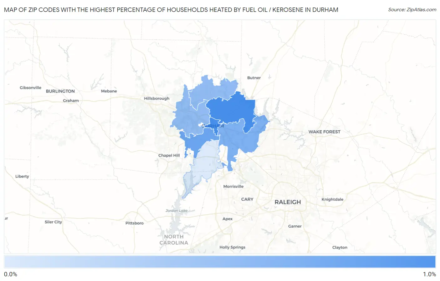 Zip Codes with the Highest Percentage of Households Heated by Fuel Oil / Kerosene in Durham Map