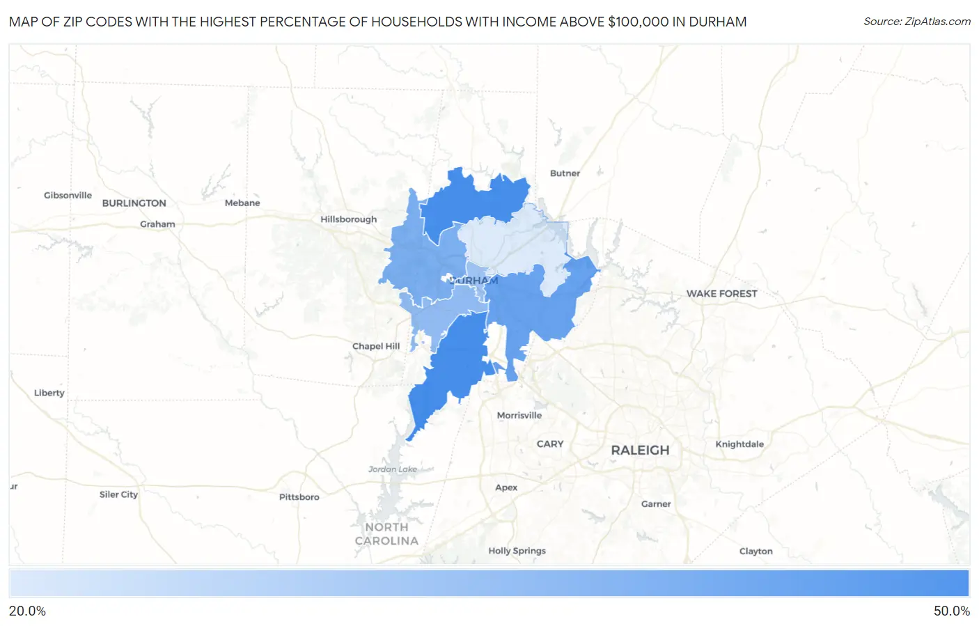Zip Codes with the Highest Percentage of Households with Income Above $100,000 in Durham Map