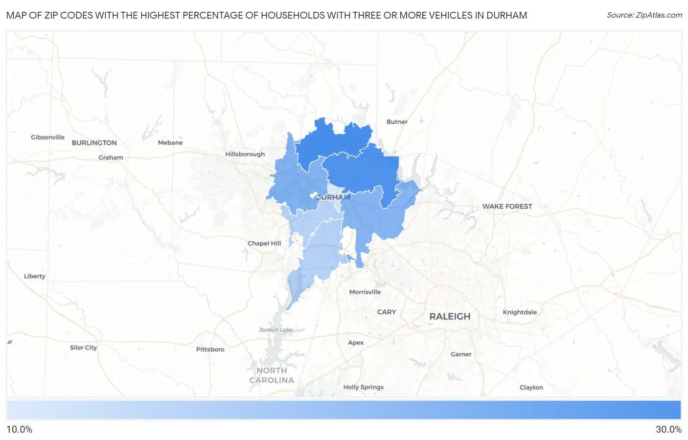Zip Codes with the Highest Percentage of Households With Three or more Vehicles in Durham Map
