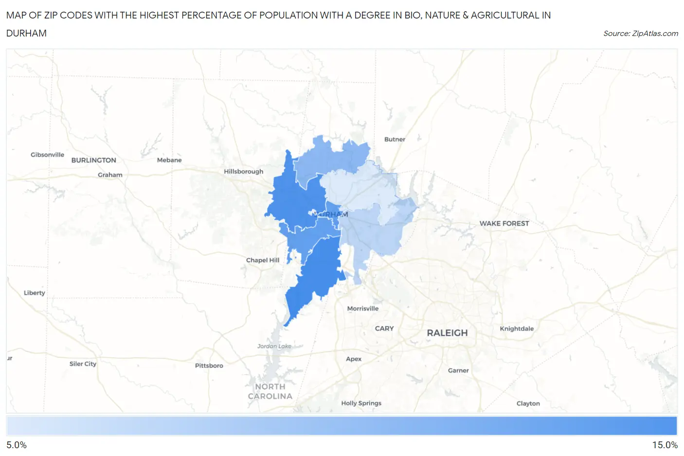 Zip Codes with the Highest Percentage of Population with a Degree in Bio, Nature & Agricultural in Durham Map