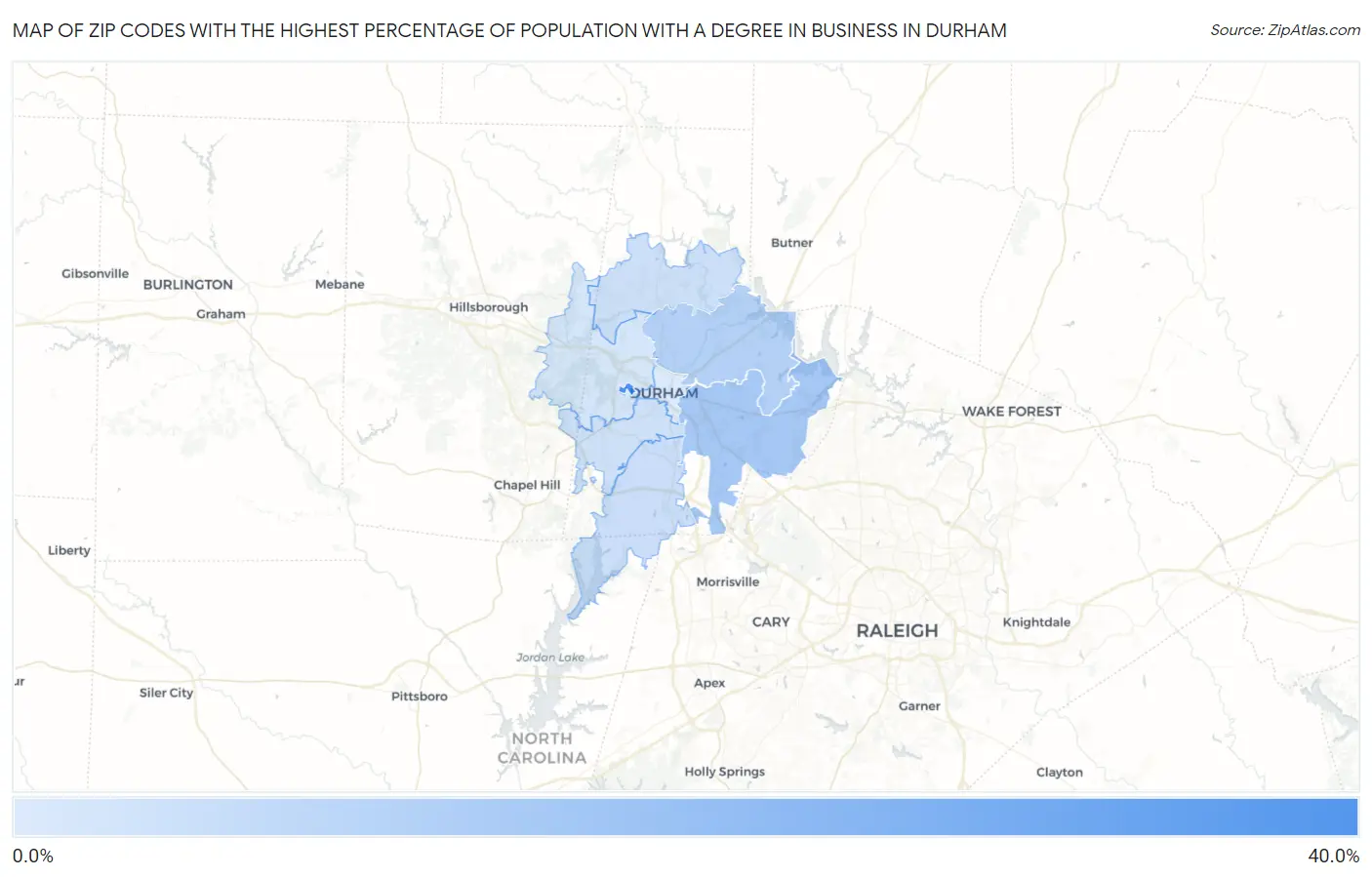 Zip Codes with the Highest Percentage of Population with a Degree in Business in Durham Map