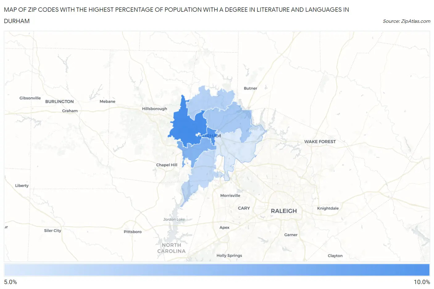 Zip Codes with the Highest Percentage of Population with a Degree in Literature and Languages in Durham Map