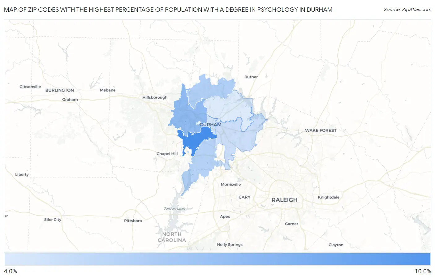 Zip Codes with the Highest Percentage of Population with a Degree in Psychology in Durham Map