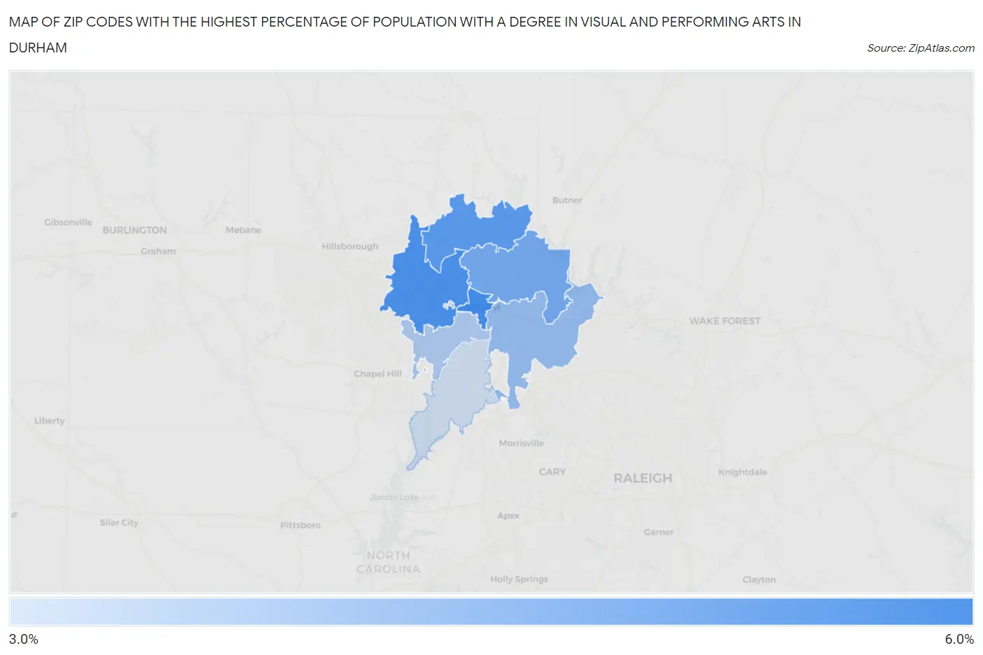 Zip Codes with the Highest Percentage of Population with a Degree in Visual and Performing Arts in Durham Map