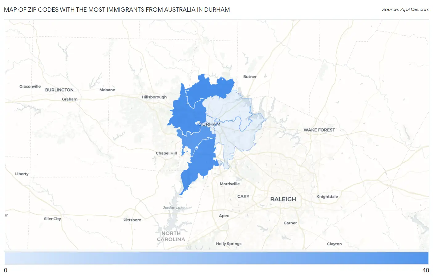 Zip Codes with the Most Immigrants from Australia in Durham Map