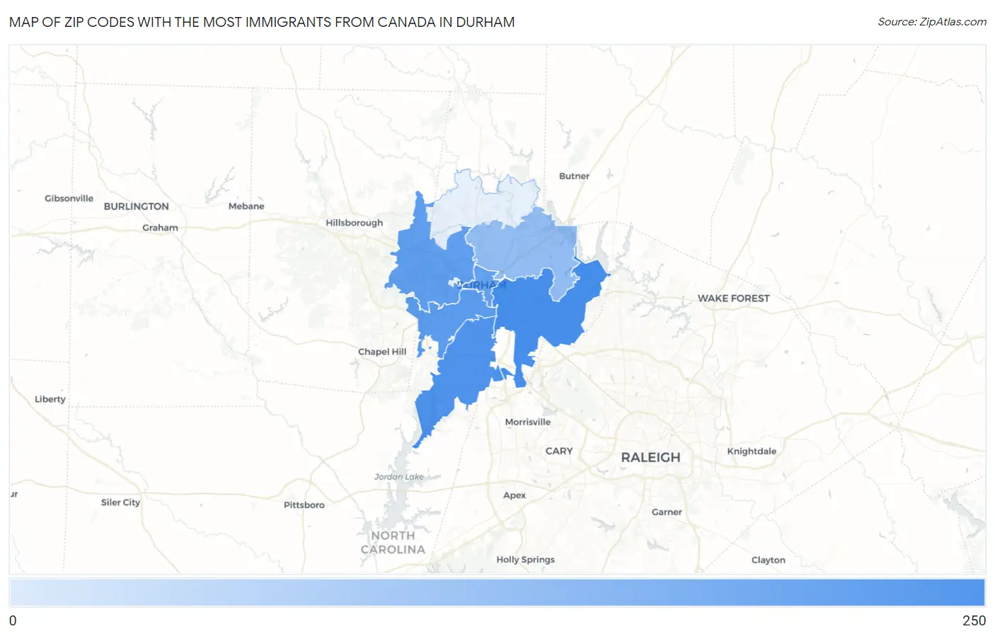 Zip Codes with the Most Immigrants from Canada in Durham Map