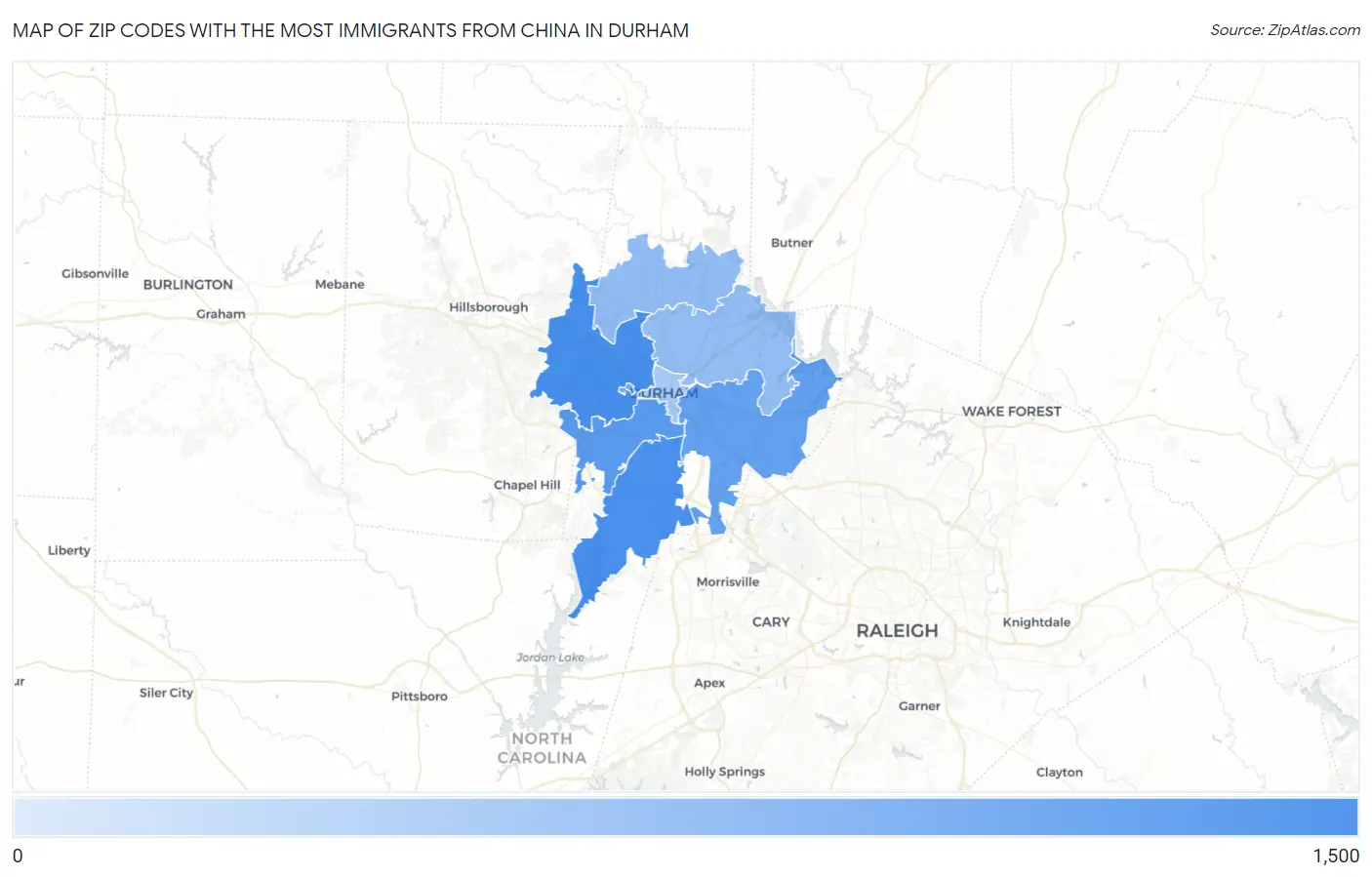Zip Codes with the Most Immigrants from China in Durham Map
