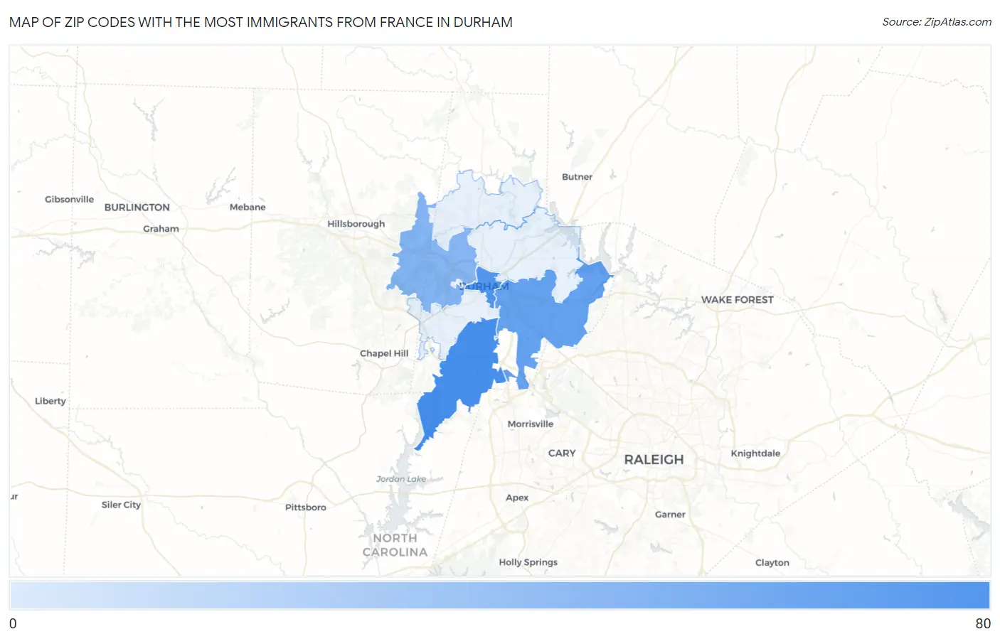 Zip Codes with the Most Immigrants from France in Durham Map