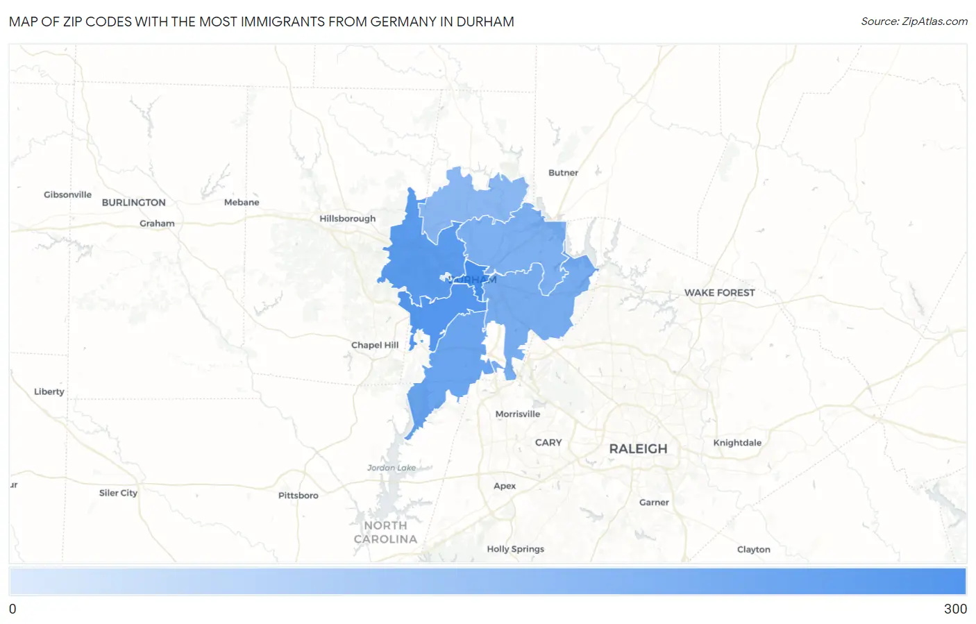 Zip Codes with the Most Immigrants from Germany in Durham Map