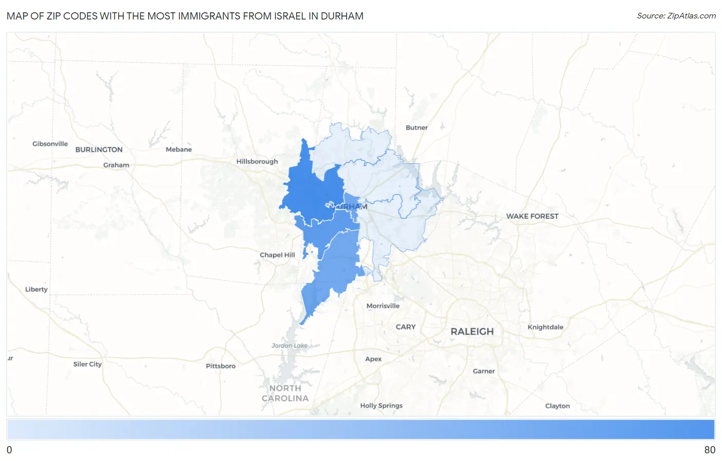 Zip Codes with the Most Immigrants from Israel in Durham Map