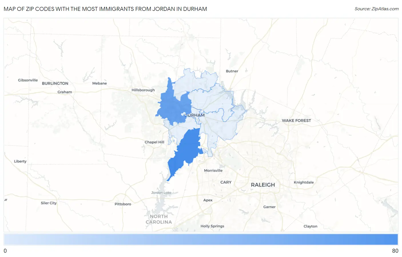 Zip Codes with the Most Immigrants from Jordan in Durham Map