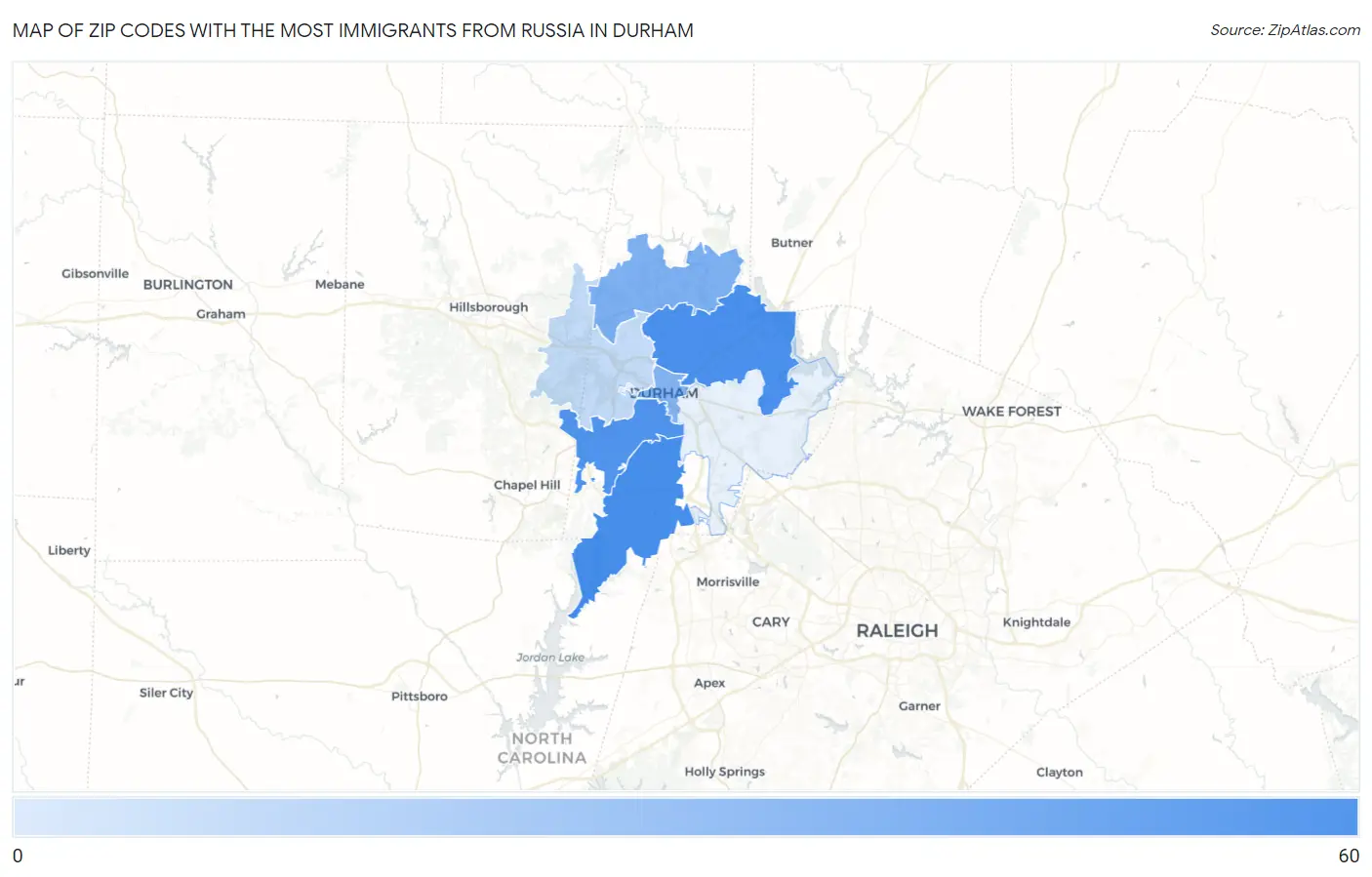 Zip Codes with the Most Immigrants from Russia in Durham Map