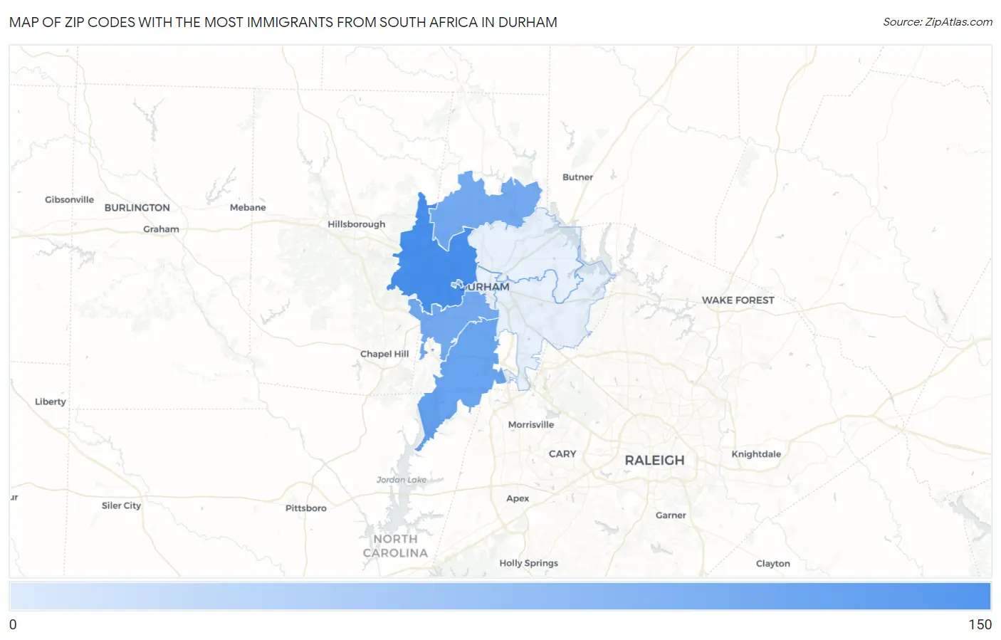 Zip Codes with the Most Immigrants from South Africa in Durham Map