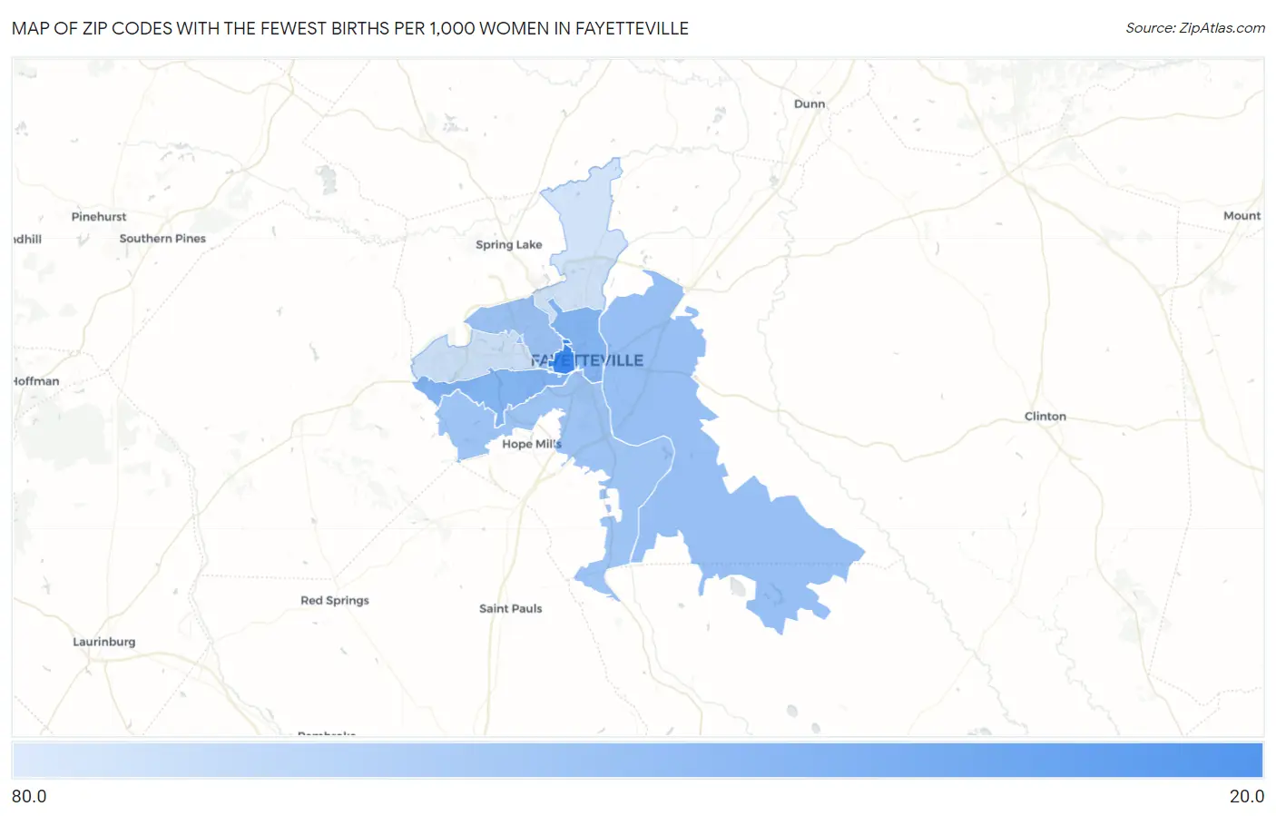 Zip Codes with the Fewest Births per 1,000 Women in Fayetteville Map