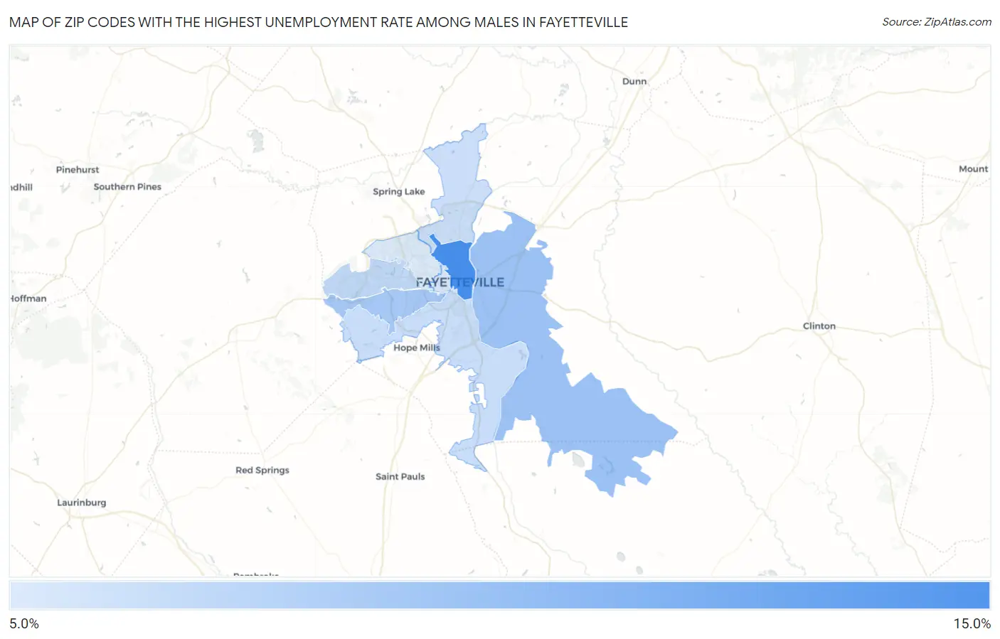 Zip Codes with the Highest Unemployment Rate Among Males in Fayetteville Map