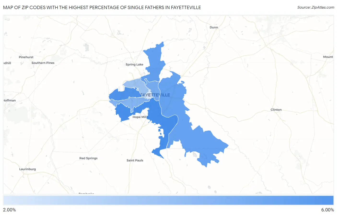 Zip Codes with the Highest Percentage of Single Fathers in Fayetteville Map