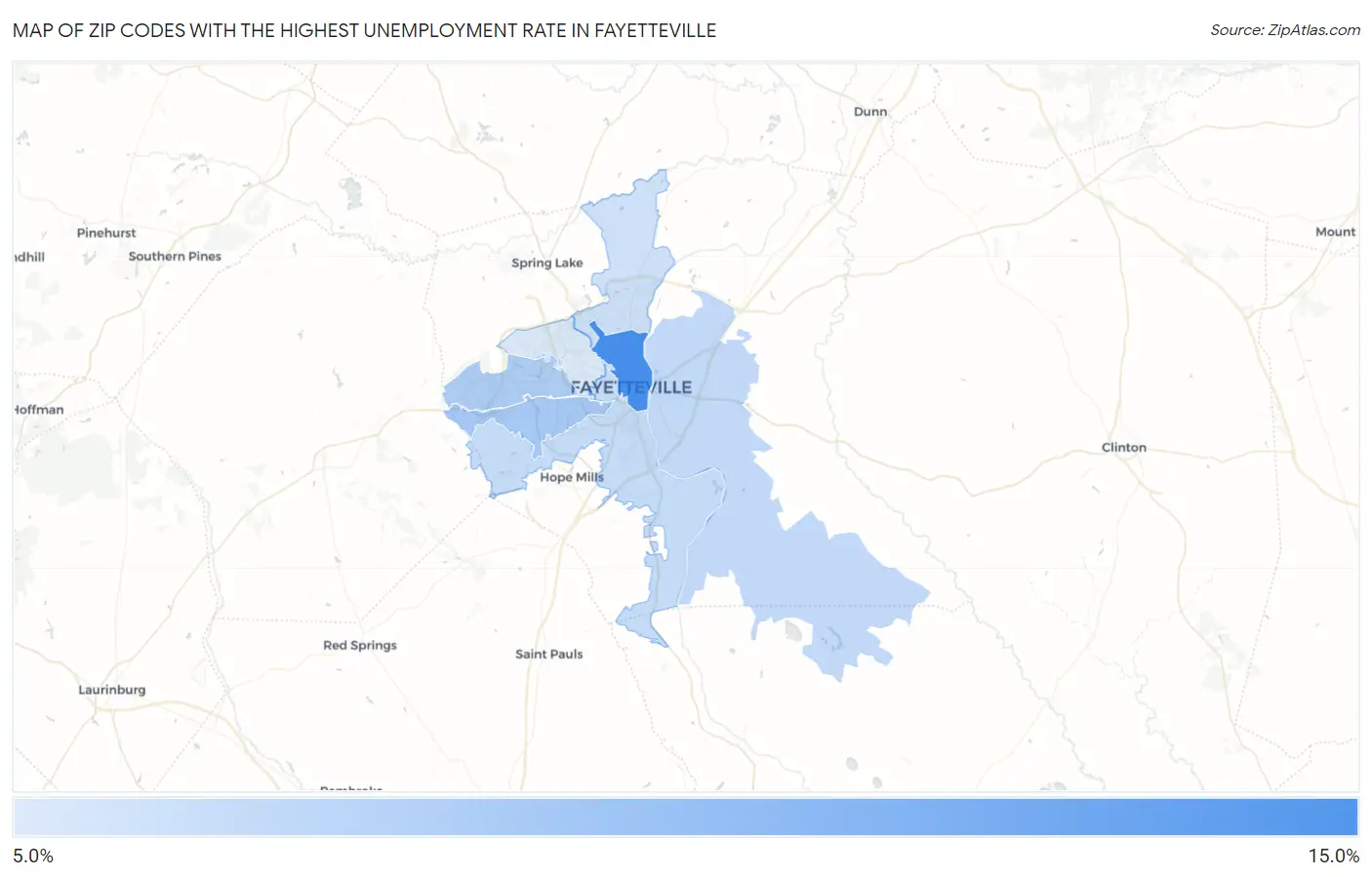 Zip Codes with the Highest Unemployment Rate in Fayetteville Map