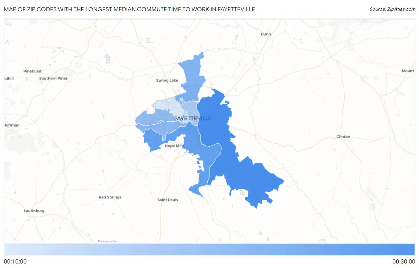 Zip Codes with the Longest Median Commute Time to Work in Fayetteville Map