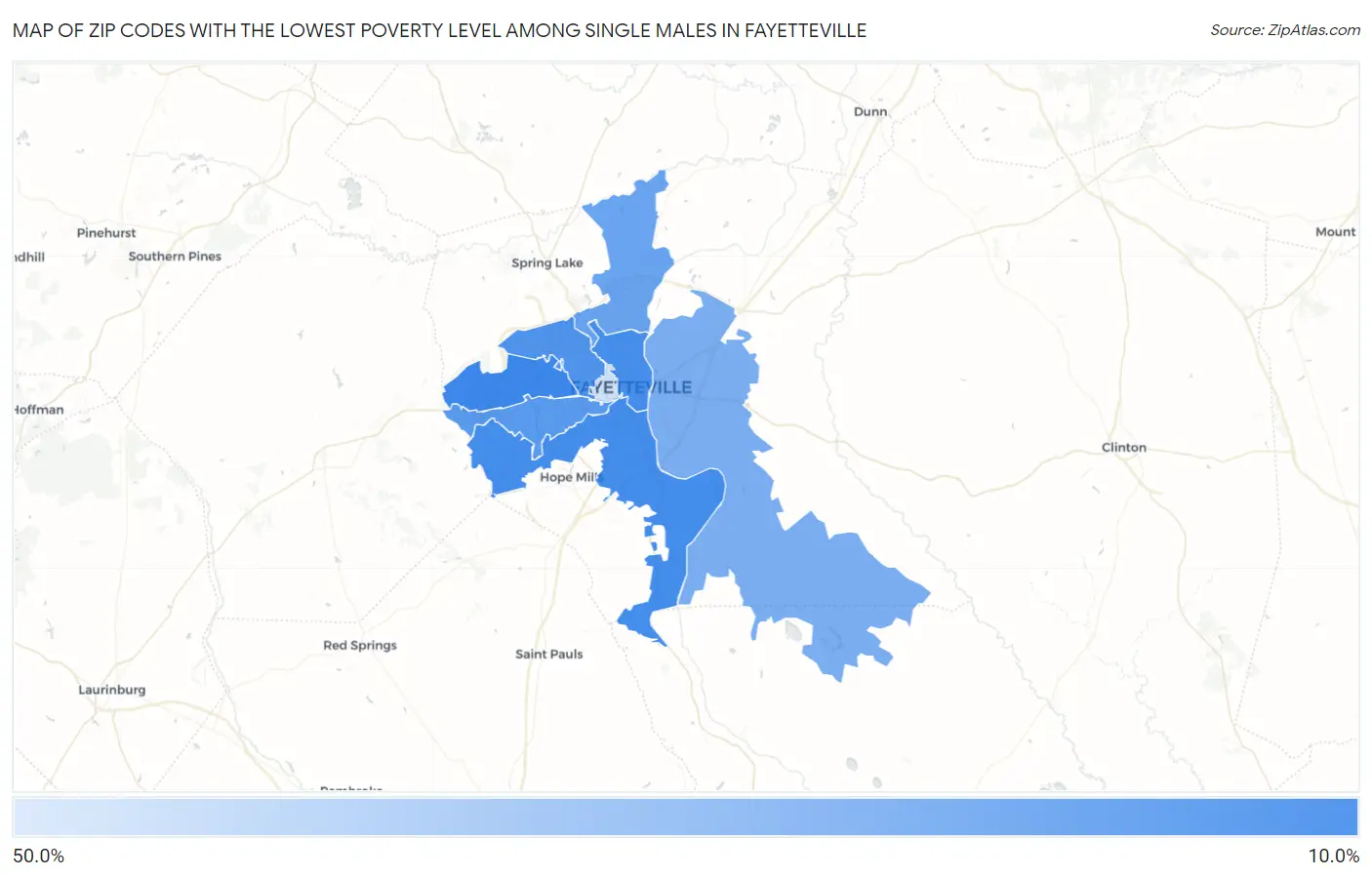 Zip Codes with the Lowest Poverty Level Among Single Males in Fayetteville Map