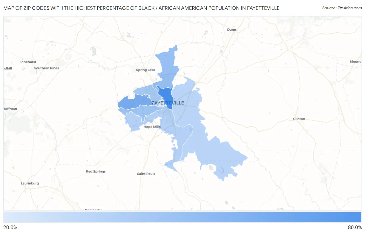 Zip Codes with the Highest Percentage of Black / African American Population in Fayetteville Map