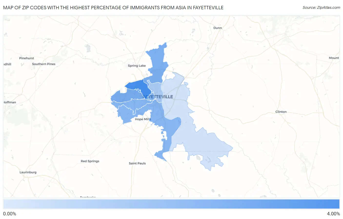 Zip Codes with the Highest Percentage of Immigrants from Asia in Fayetteville Map