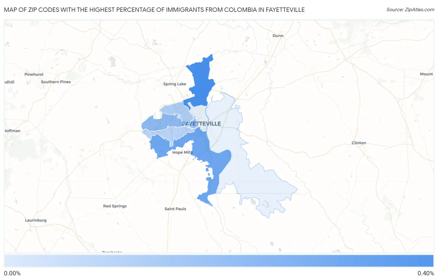 Zip Codes with the Highest Percentage of Immigrants from Colombia in Fayetteville Map