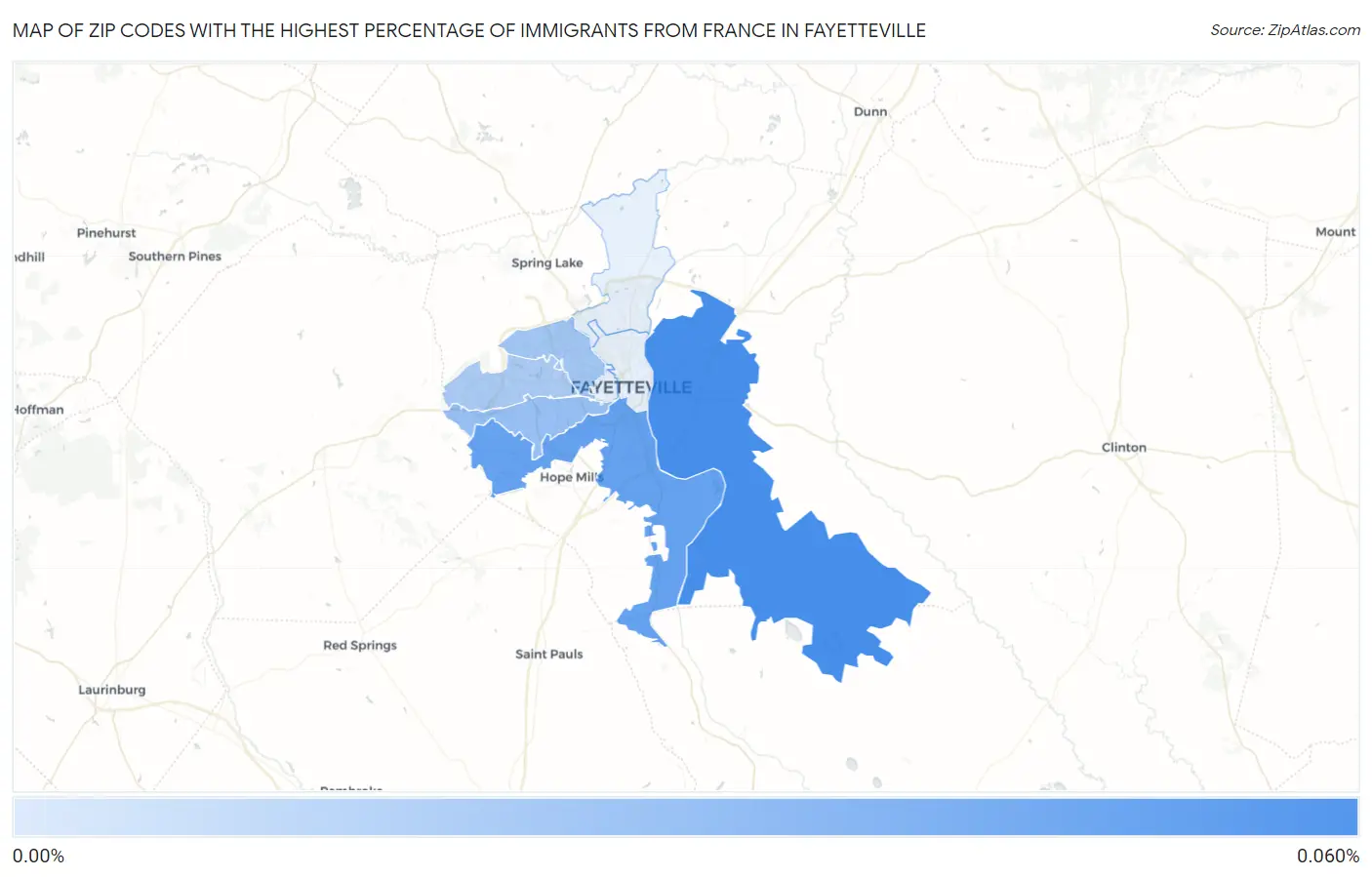Zip Codes with the Highest Percentage of Immigrants from France in Fayetteville Map