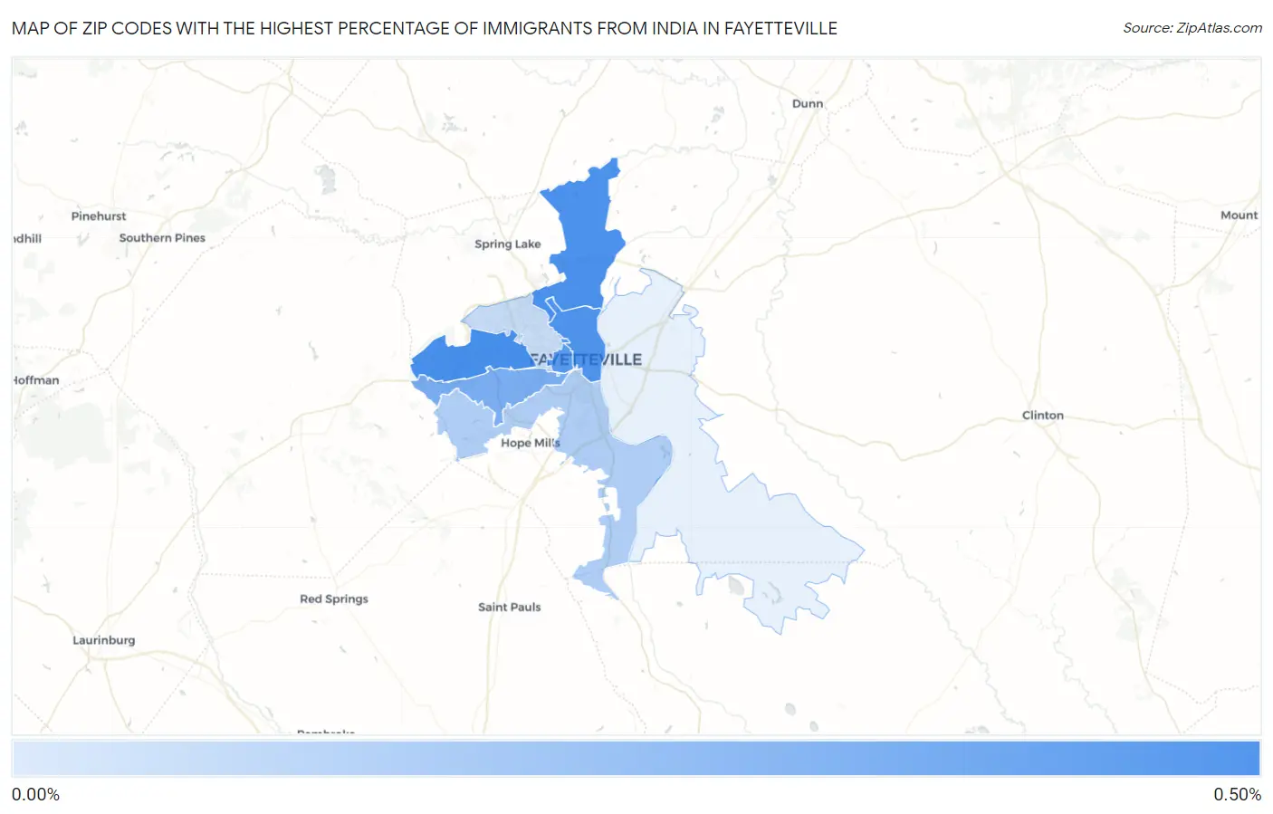 Zip Codes with the Highest Percentage of Immigrants from India in Fayetteville Map