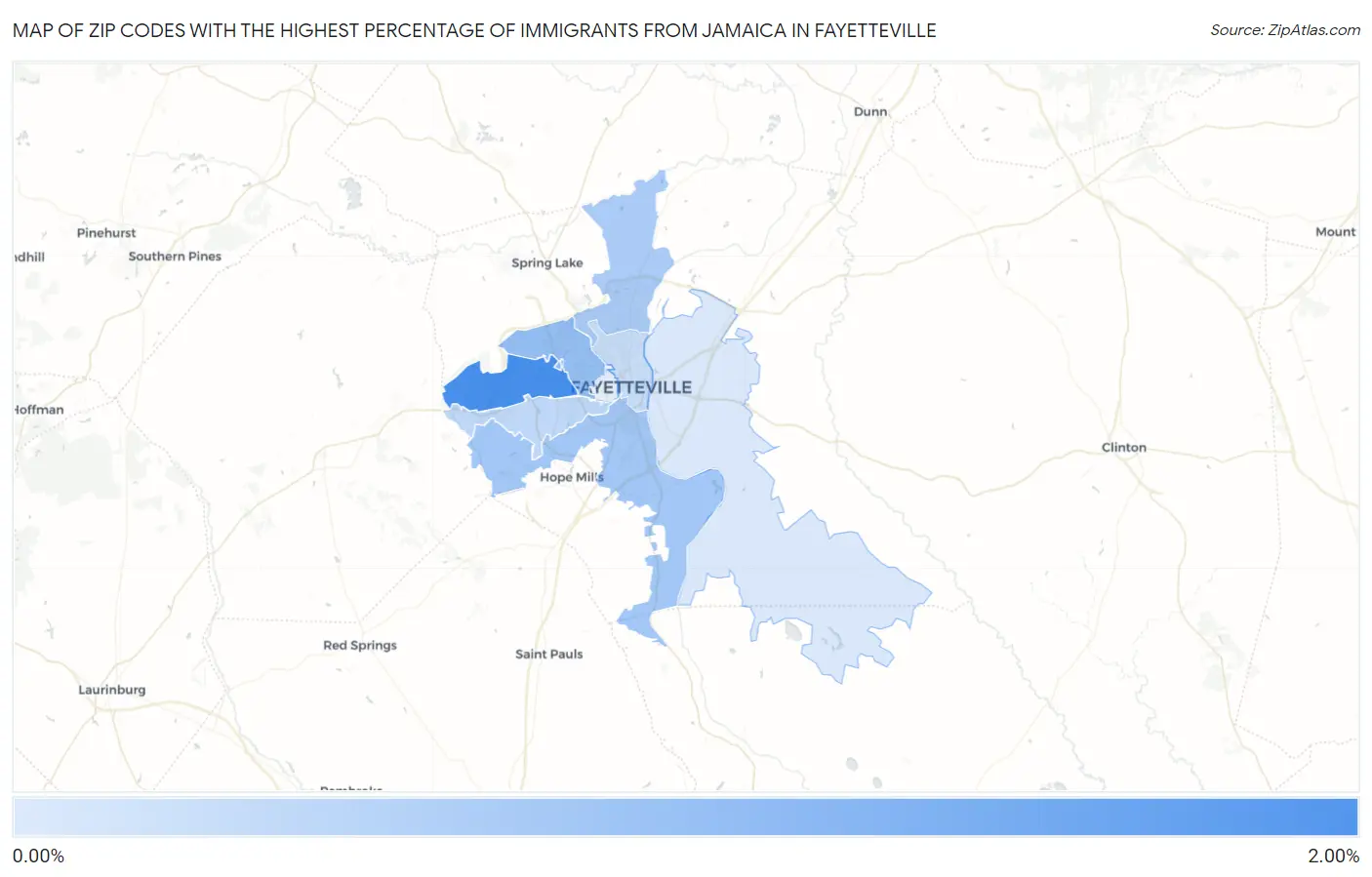 Zip Codes with the Highest Percentage of Immigrants from Jamaica in Fayetteville Map