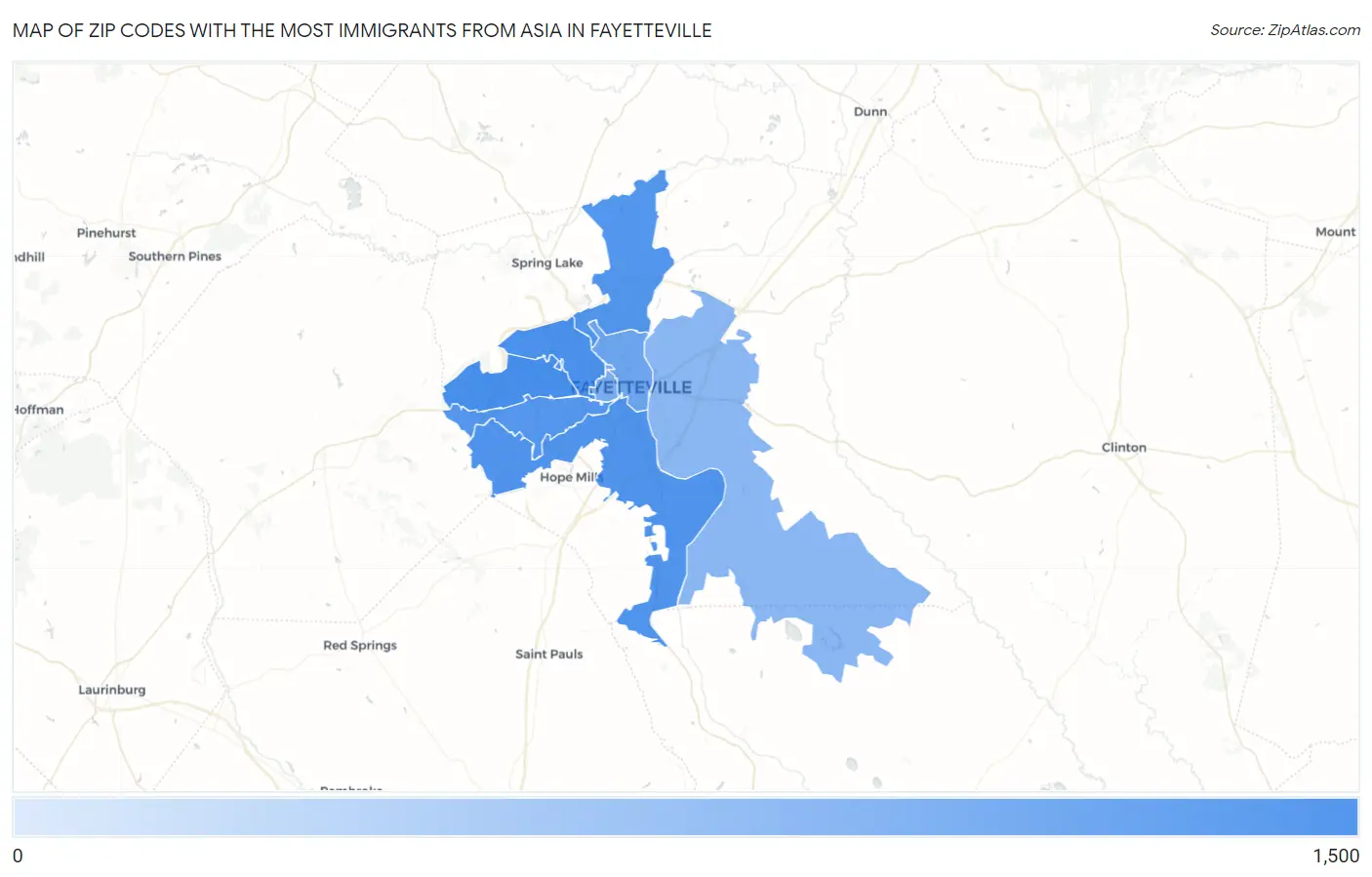Zip Codes with the Most Immigrants from Asia in Fayetteville Map