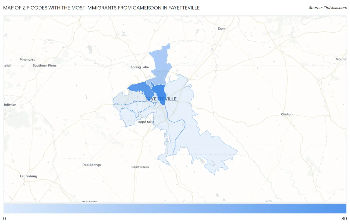 Zip Codes with the Most Immigrants from Cameroon in Fayetteville Map
