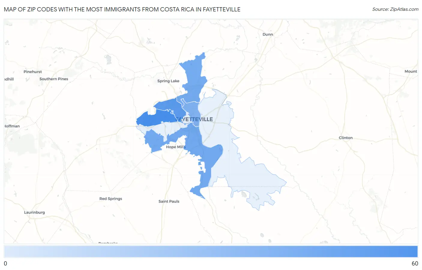 Zip Codes with the Most Immigrants from Costa Rica in Fayetteville Map