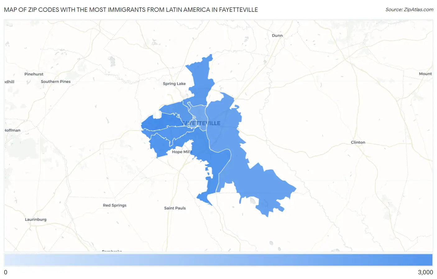 Zip Codes with the Most Immigrants from Latin America in Fayetteville Map