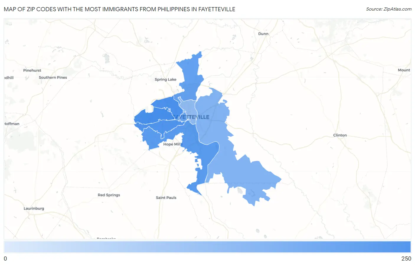 Zip Codes with the Most Immigrants from Philippines in Fayetteville Map