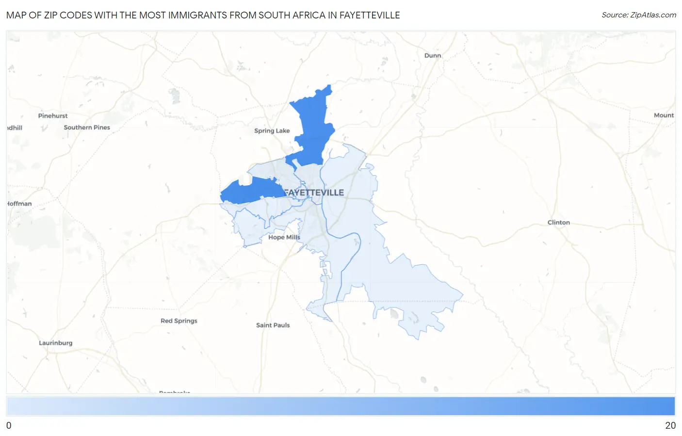 Zip Codes with the Most Immigrants from South Africa in Fayetteville Map