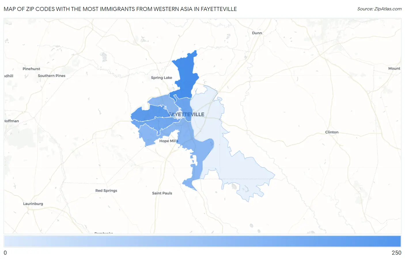 Zip Codes with the Most Immigrants from Western Asia in Fayetteville Map