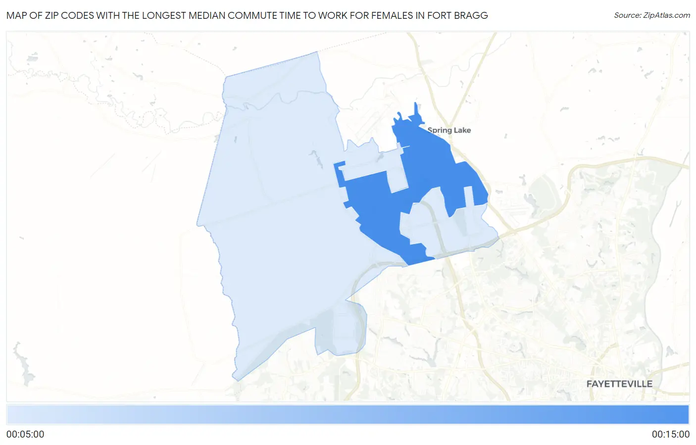 Zip Codes with the Longest Median Commute Time to Work for Females in Fort Bragg Map