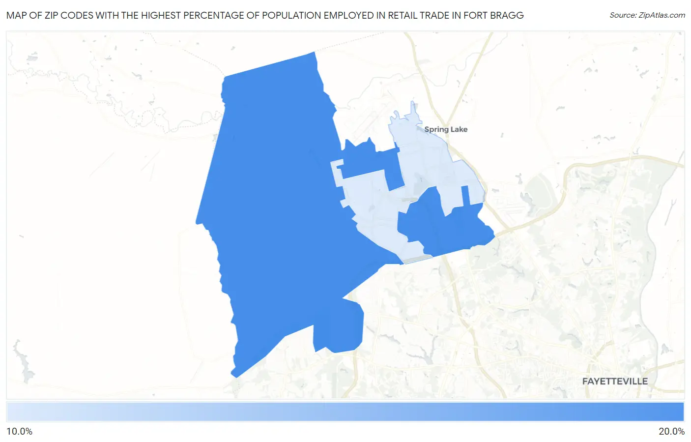 Zip Codes with the Highest Percentage of Population Employed in Retail Trade in Fort Bragg Map