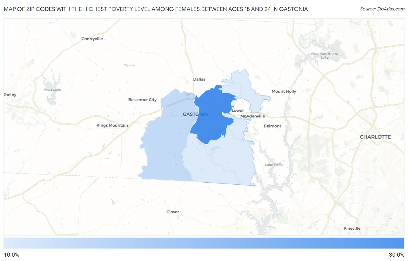 Zip Codes with the Highest Poverty Level Among Females Between Ages 18 and 24 in Gastonia Map