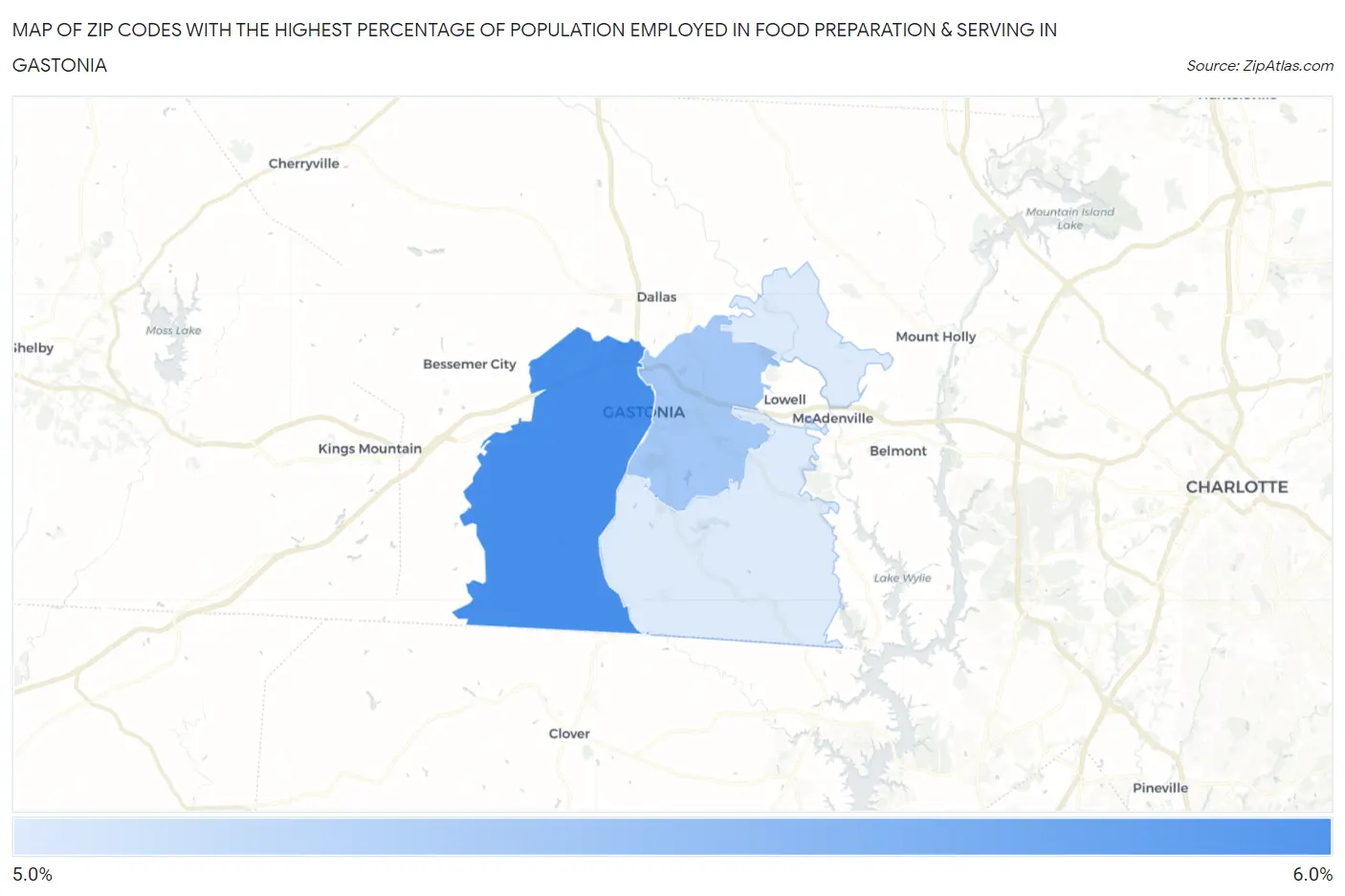 Zip Codes with the Highest Percentage of Population Employed in Food Preparation & Serving in Gastonia Map