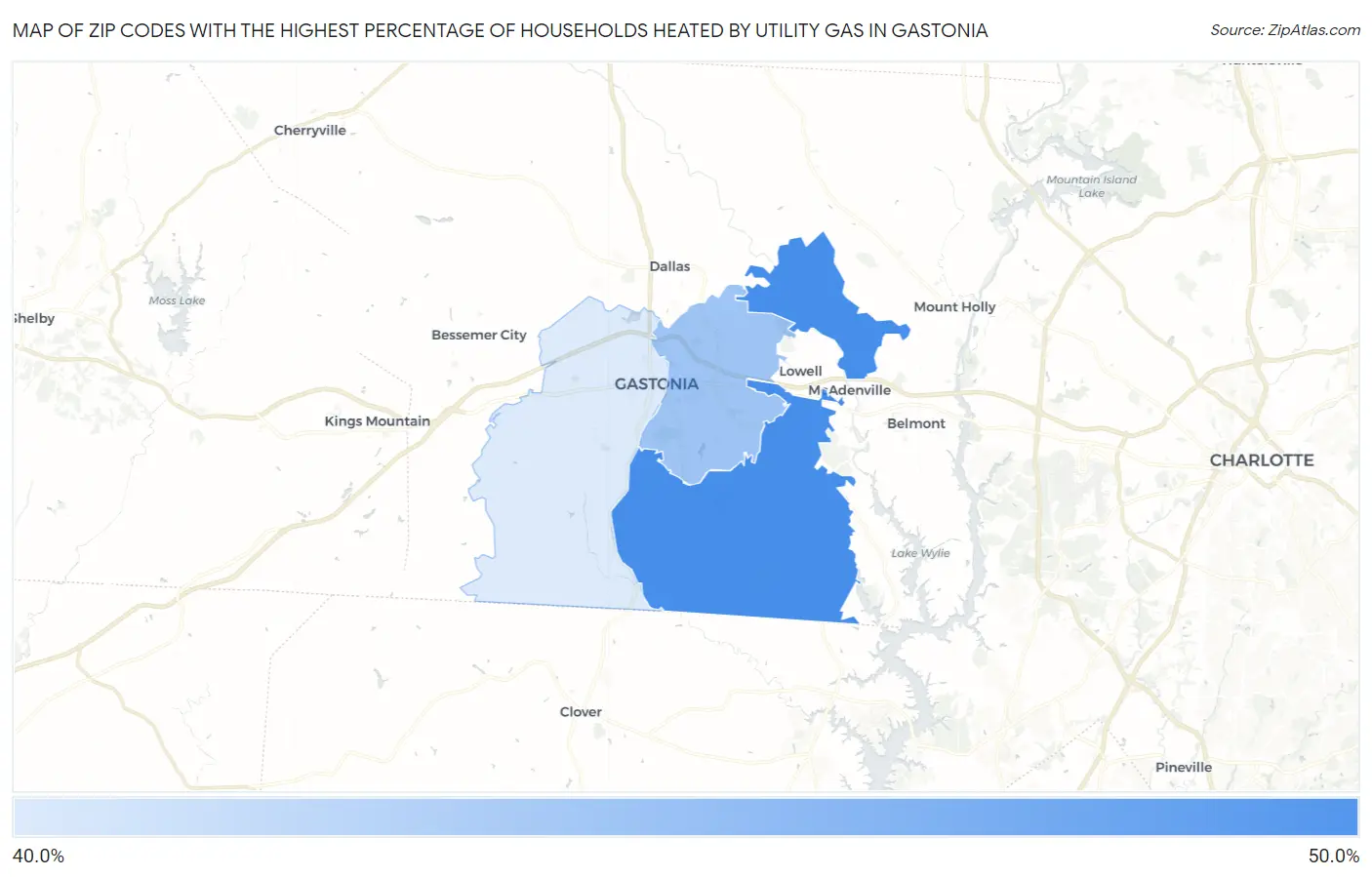 Zip Codes with the Highest Percentage of Households Heated by Utility Gas in Gastonia Map