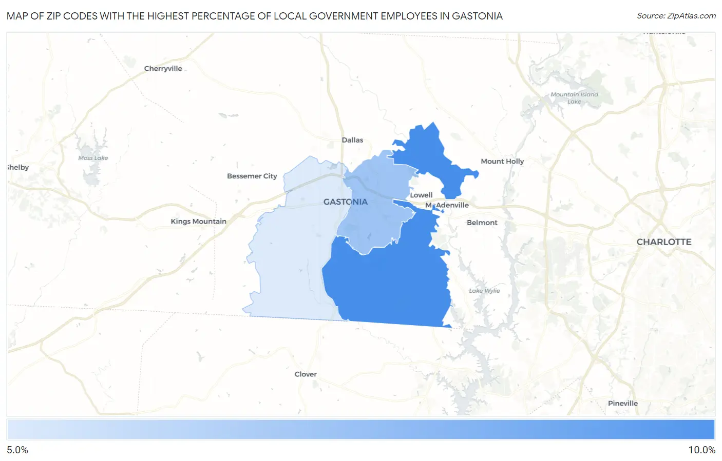 Zip Codes with the Highest Percentage of Local Government Employees in Gastonia Map