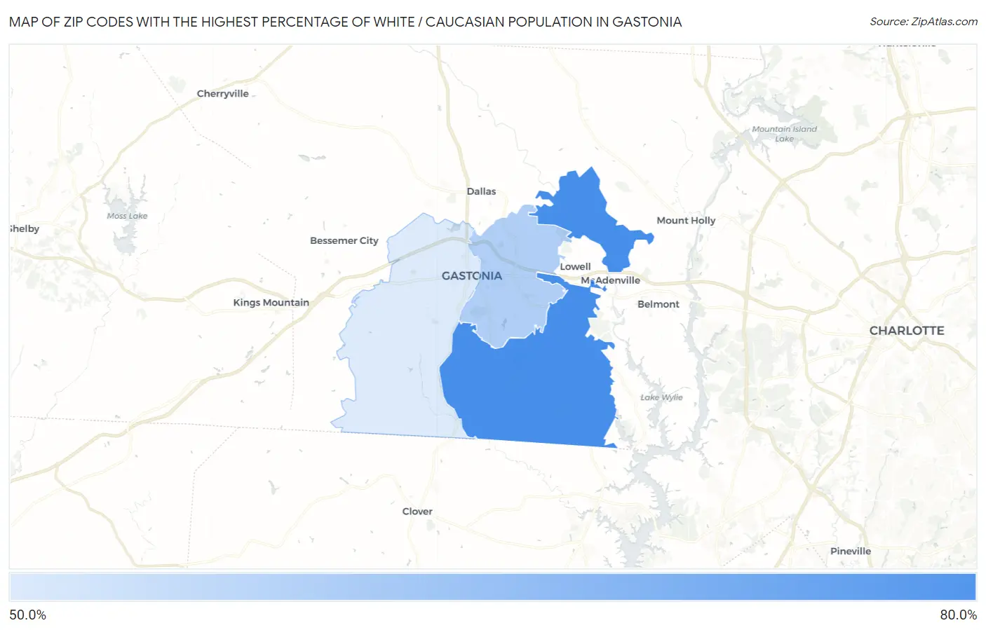 Zip Codes with the Highest Percentage of White / Caucasian Population in Gastonia Map
